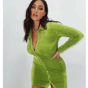 Princess Polly Elody Long Sleeve Button Up Mini Dress in Green